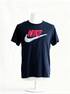 Nike Spell Out Chenille Patch Swoosh T-Shirt Navy Blue Graphic Tee (SM)